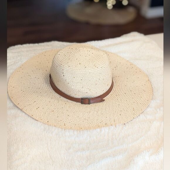 Source Unknown Accessories - Beige Straw Sun Hat Wide Brim Gold Sequins Faux Leather Band Boho Beach Vacation